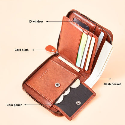Men'S Genuine Leather Zipper Wallet RFID Secure Large Capacity Double Fold Multi-Card Top Layer Leather Wallets for Men And Coin Purse Christmas Father'S Day/Valentine'S Day/Anniversary Gift The Set Includes a Greeting Card
