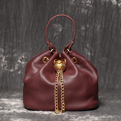 Handmade Top Layer Cowhide Makeup Bag Fashionable Casual Versatile Genuine Leather Bucket Bag for Women, Ladies High-Quality Soft Genuine Leather Chain Bag Luxury Style Design Bag  Crossbody Shoulder Bag with Chain Strap, Elegant Handbag Purse