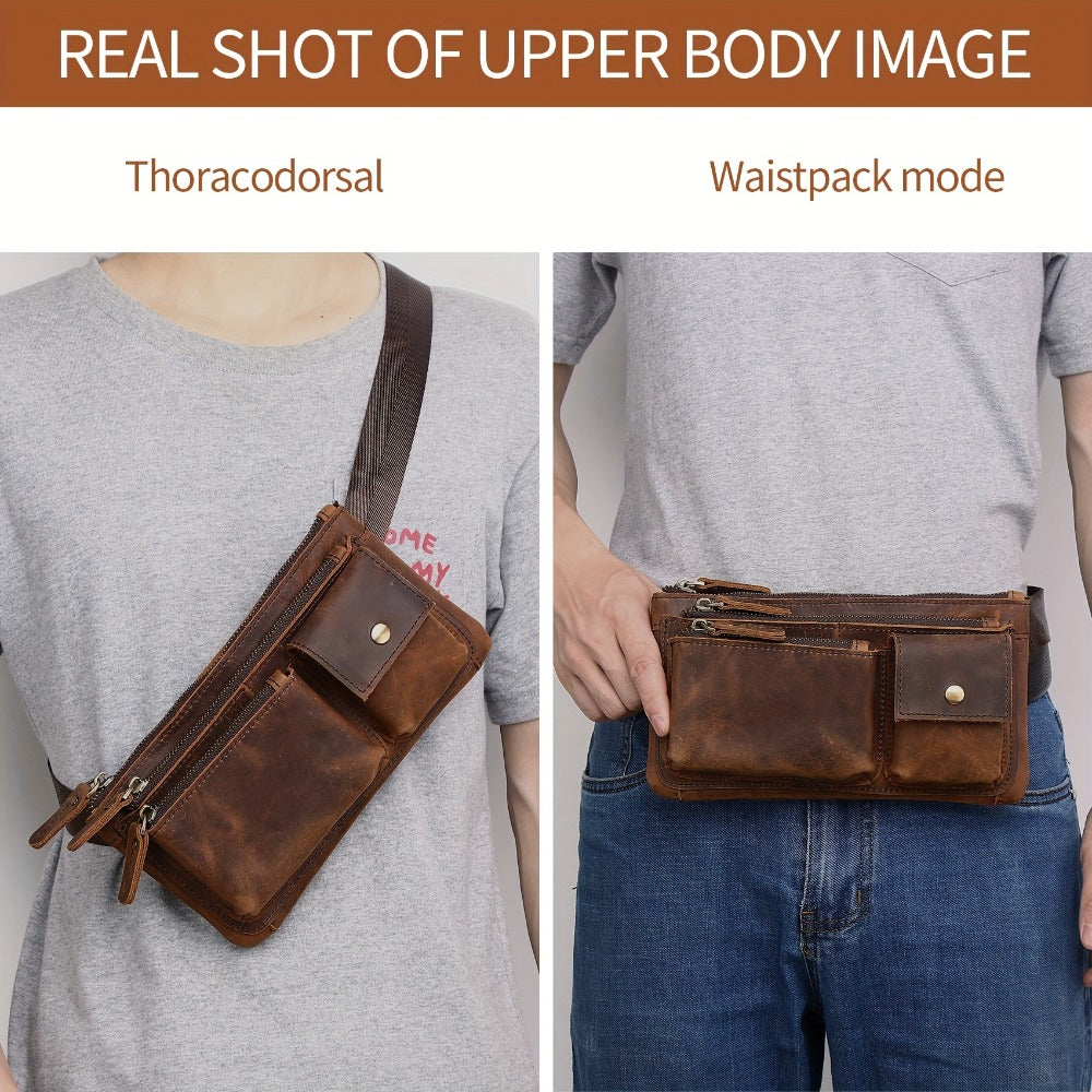 Stylish Retro Authentic Leather Hip Bag, Slim Phone Pouch, Vintage Crossbody Purse
