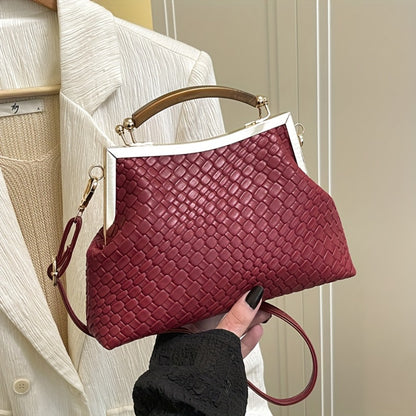 1pc Women'S Elegant Synthetic Crossbody Bag with Detachable Strap And Kiss Lock Closure - Luxury Embossed Design, Golden-Tone Hardware, - Coffee Brown, Red, Green, Black for Weddings, Parties, Evening Events