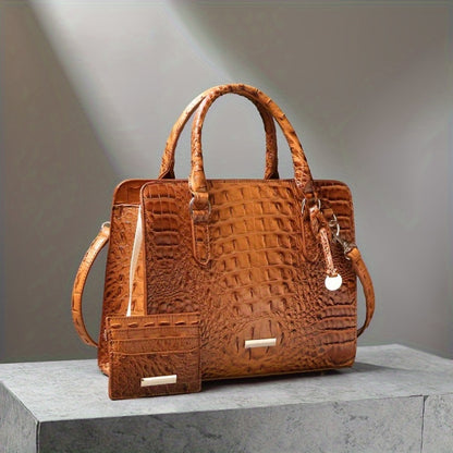Set of 2pcs Featuring a Crocodile Pattern in Faux Leather, with a Roomy Interior, a Trendy Shoulder Strap, And a Fashionable Clutch Purse. This Stylish Accessory Is Perfect for Work, Everyday Use, And Special Events - Made with Premium Quality