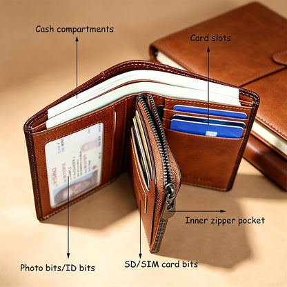 RFID Blocking Bifold Genuine Leather Wallets for Men with Zipper Coin Pouch, Top Layer Cowhide Vintage Multi Function Card Holder Wallet with 2 ID Windows