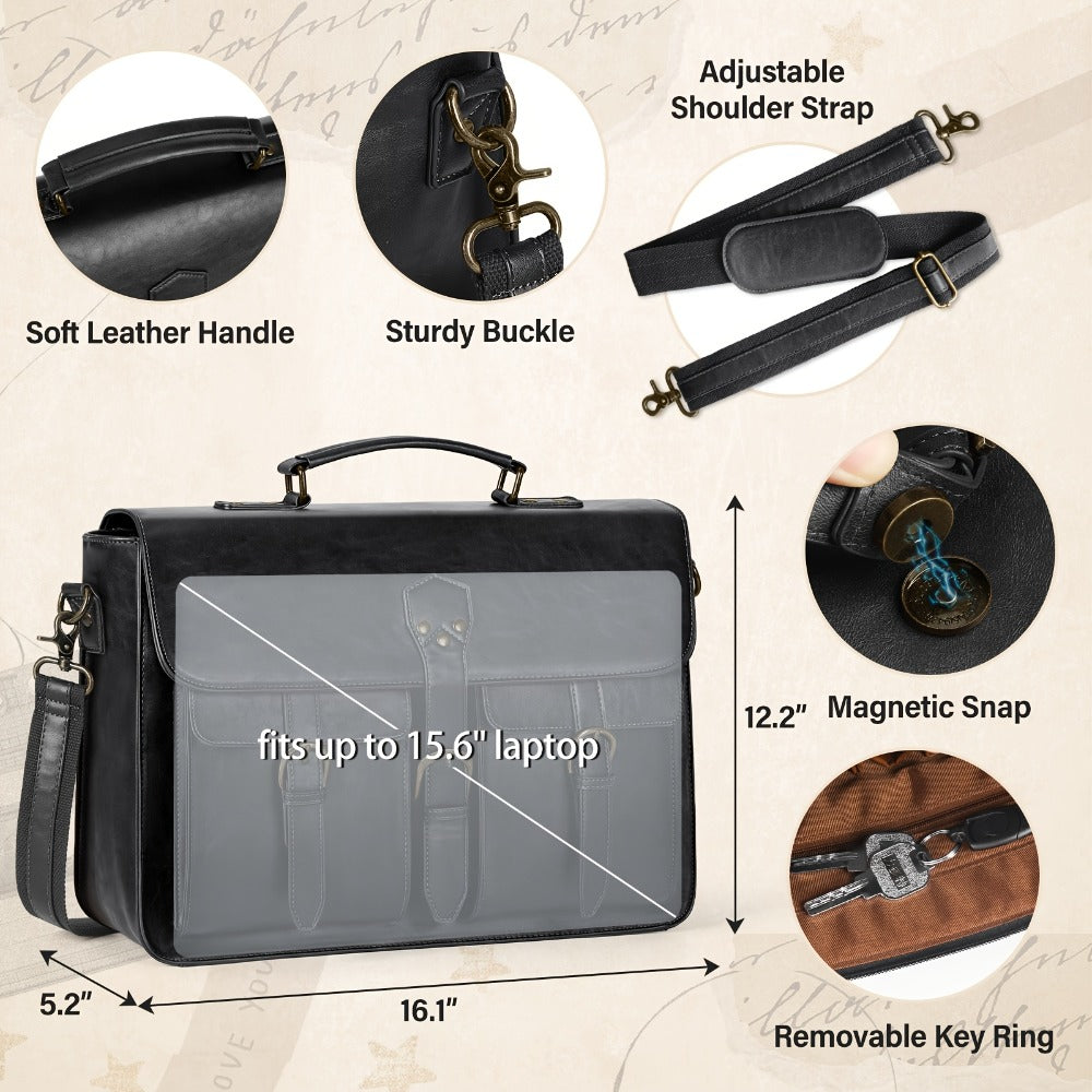 RAINSMORE Men' High Quality Synthetic Leather Laptop Messenger Bag with Tablet/Laptop Compartment & -Theft Suitable for Office, Travel, College, Large Capacity Briefcase Computer Satchel, Adjustable Strap, Zipper Closure, Black
