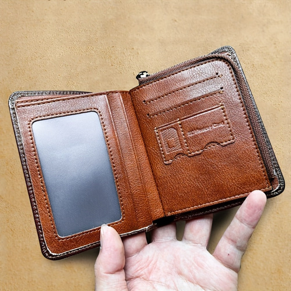 1pc Men'S Vintage Short Genuine Leather Wallet Multi Function Purse RFID Blocking Zipper ID Credit Card Holder Money Bag
