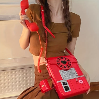 Creative And Stylish PU Glossy Chic Retro Telephone-Shaped Cross Body Bag For Women - Fashionable Simulated Body Bag, Irregular Bag, Shoulder Purse, Comb Bag, Available In Black, Red, Pink. A Perfect Birthday Gift For Your Best Friend Or Family