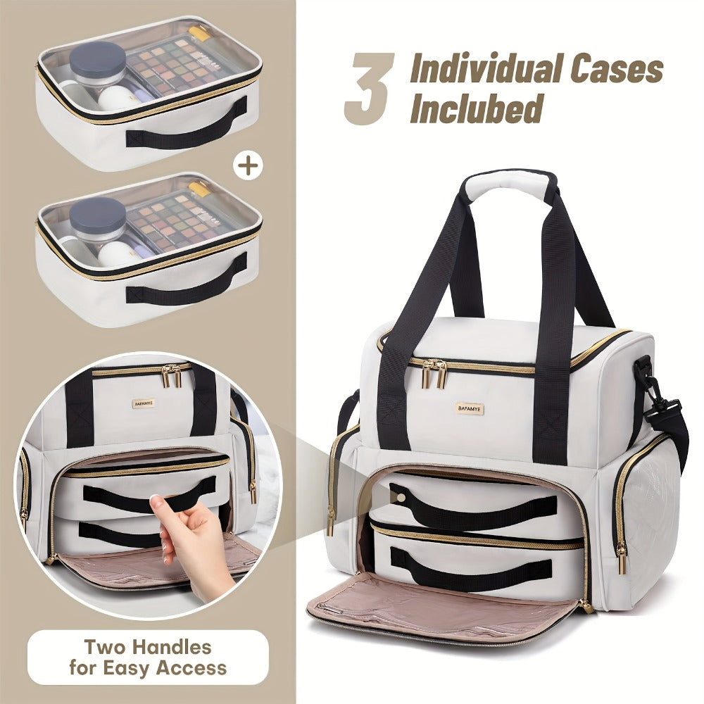 Large Makeup Cosmetic Bag with 2 Removable Case, Double Layer Travel Makeup Organizer Case, Travel Toiletry Bag for Women