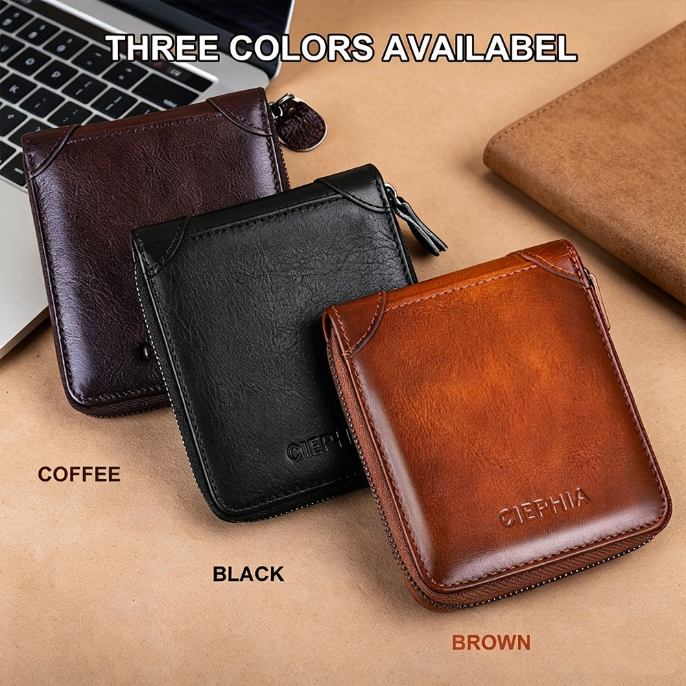 Men'S Genuine Leather Zipper Wallet RFID Blocking Large Capacity Double Fold Multi-Card Top Layer Leather Wallets for Men And Coin Purse