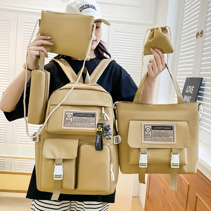 5pcs Solid Color Backpack Set, Large Capacity Double-ShoulderBag, Simple Tote, Pencil Bag, Casual Crossbody, Lightweight Student Shoulder Bag.