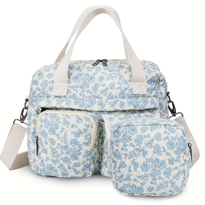 2pcs/Set Small Cute Floral Quilted Tote Bag with Multi-Pockets for Women, Crossbody Shoulder Everyday Handbags