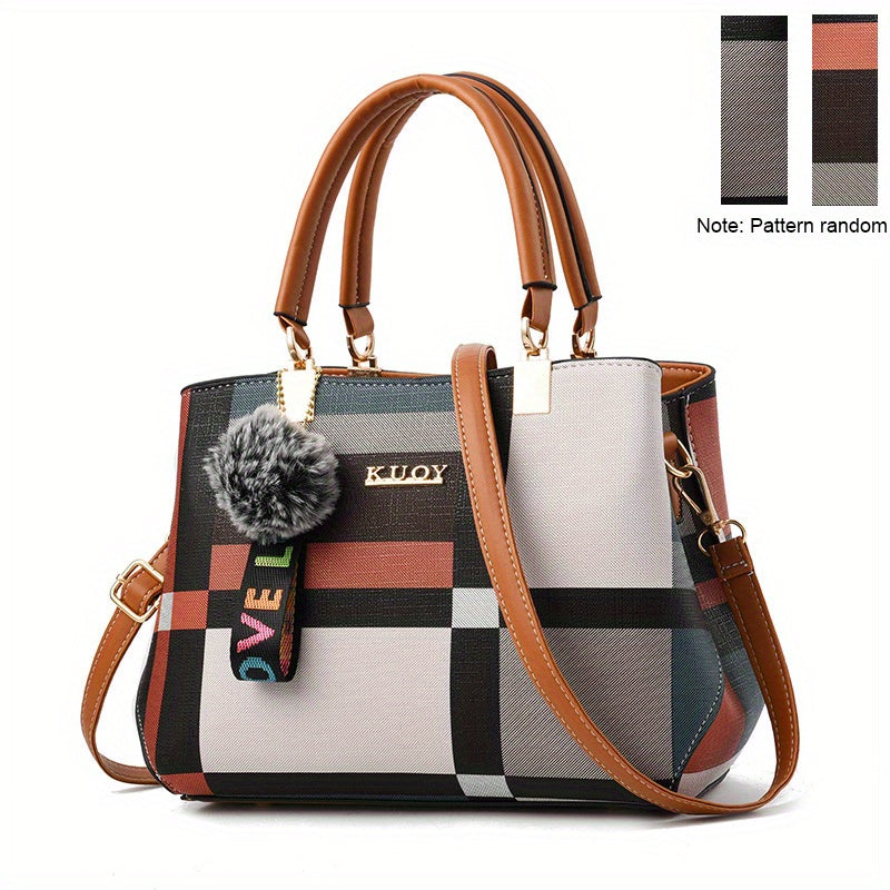 Fashion Plaid Pattern Tote Bag, Colorblock Satchel Purse, Stylish Crossbody Bag With Plush Ball Pendant