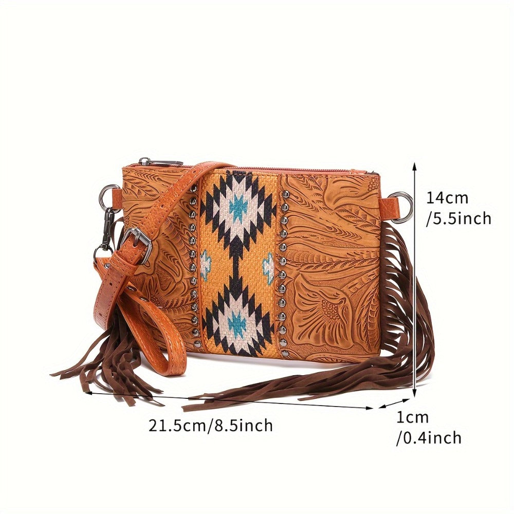 Western Fringe Crossbody Bag Purse for Women Shoulder Bag - PU & Woven Tassel Small Handbag for Shopping, Travel, Work, Dating Brown