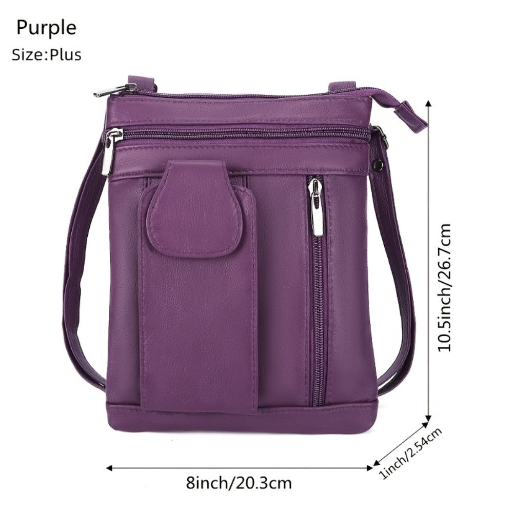 Genuine Leather Women'S Crossbody Bag with Adjustable Strap & Zipper Closure - Large Capacity Multi-Compartment Purse, Polyester Lined, Edge Painted - Stylish Everyday Gift in Red/Blue/Purple/Black, Versatile Travel Purse, Durable Stitched Detail