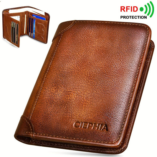 [Rfid Leather Wallet] RFID Leather Wallet] Father's Day Gifts For Men, RFID Blocking Trifold Genuine Leather Wallets For Men - Top Layer Cowhide Vintage Short Multi Function Credit Card Holder, Money Clips With 2 ID Windows Gift Wallet For Dad