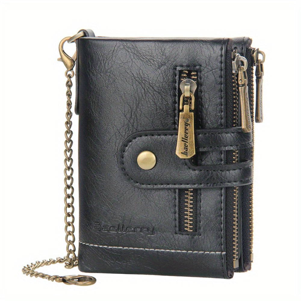 Vintage Men With Chain PU Leather Bifold Wallet For Double Zipper Anti-Theft Coin Pocket Card Holder Cash Billfold Front Pocket