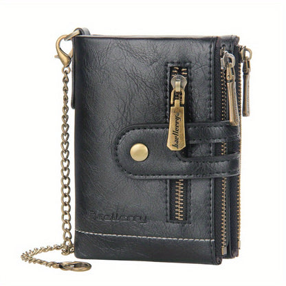 Vintage Men With Chain PU Leather Bifold Wallet For Double Zipper Anti-Theft Coin Pocket Card Holder Cash Billfold Front Pocket