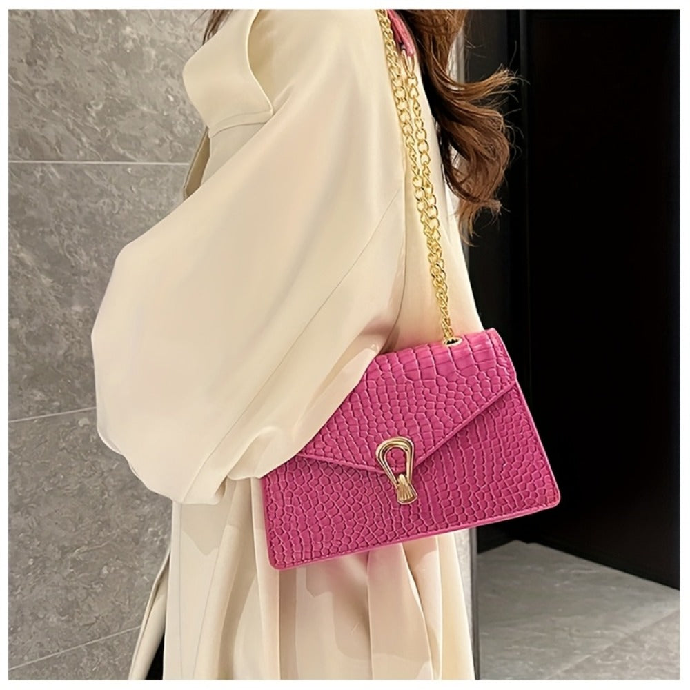Pink Snake Print Crossbody BagFor Women, Stylish Women's Crocodile Pattern Handbag - Black Shoulder Bag With Detachable Strap Golden-Tone Hardware & Chain Strap, Crossbody Bag Purse Christmas Bags For Gifts Christmas Gift Bags