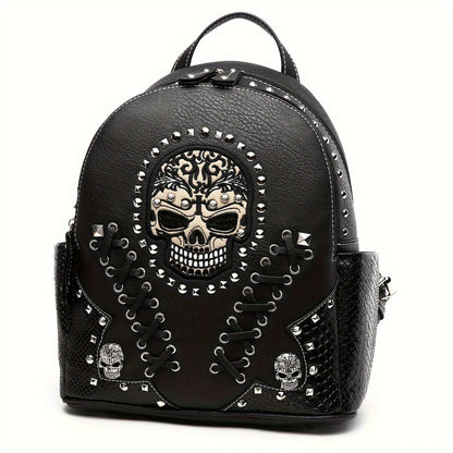 Sugar Skull Punk Art Studded Motorcycle Wallet Women's Fashion Backpack Python Backpack Crossbody Bag Wallet Set, Black Set, Ideal Christmas Gift