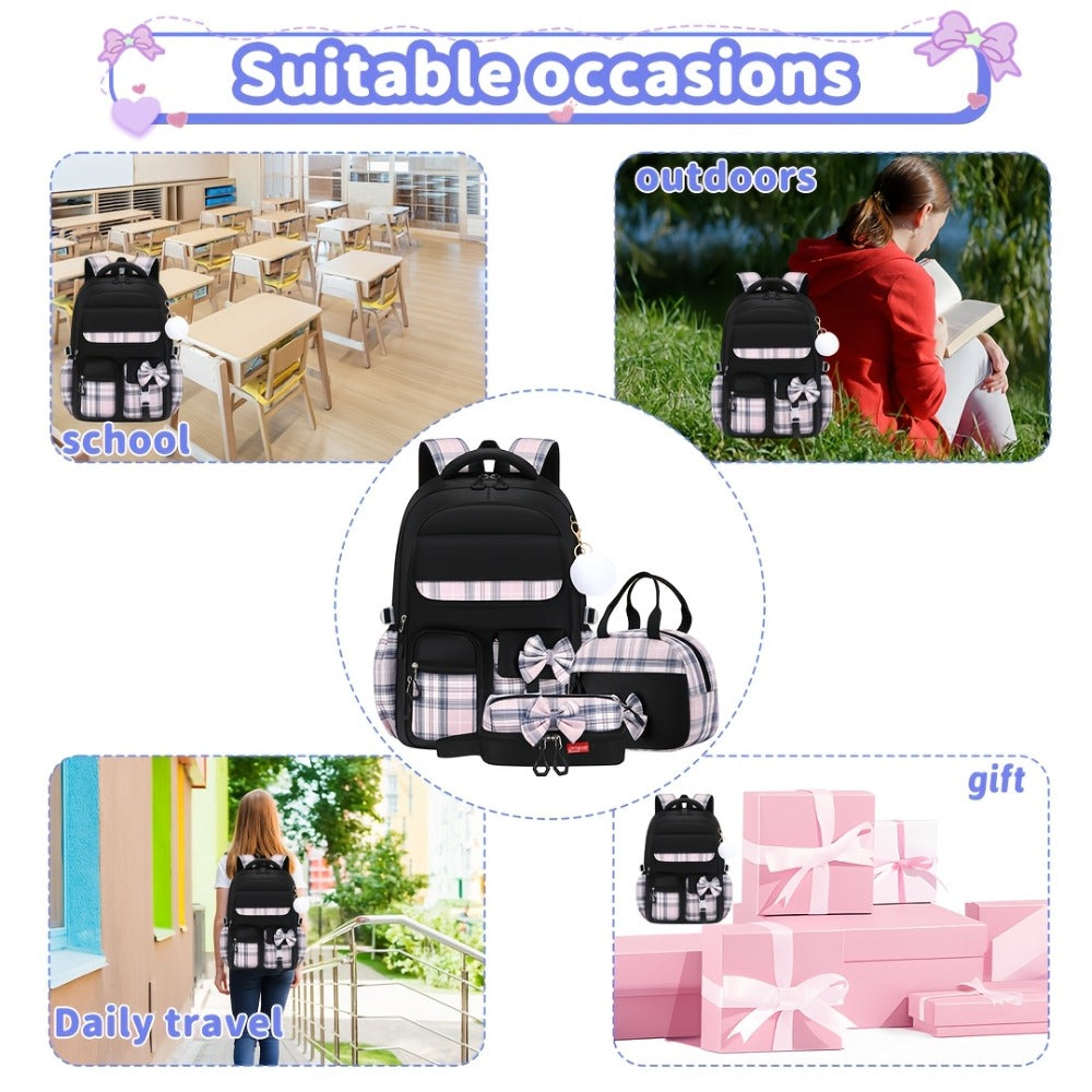 3pcs Bow-Tie School Backpack Tote Storage Bag Set | Large-Capacity Multi-Functional Storage Backpack with 15. 6-inch Laptop and Tablet Compartments, Smooth Zippers, Lightweight, Ideal for Teens' Daily Commute and Back-to-School, for Teenager