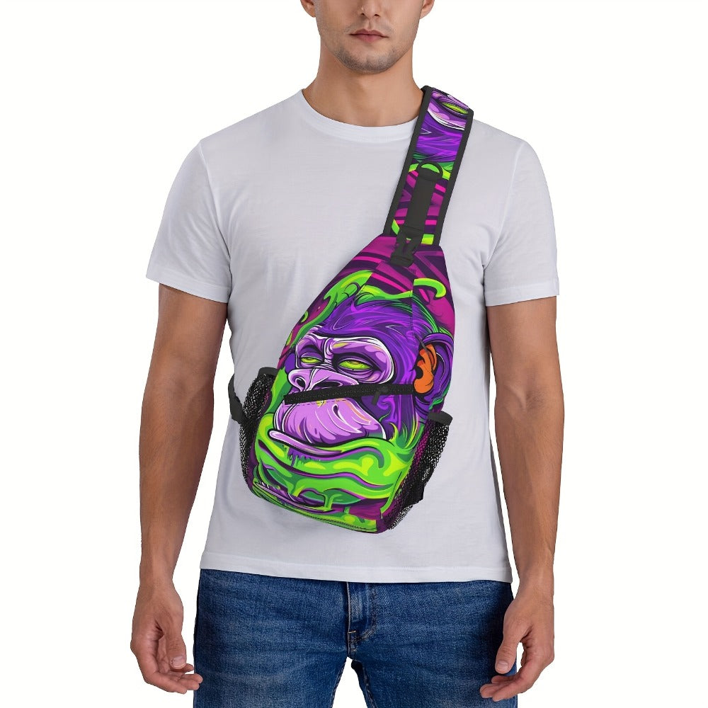 A Vibrant Gorilla-Themed Crossbody Chest Bag Suitable for Hiking, Featuring a Spacious Design. This Stylish And Sturdy Bag Is Perfect for Shopping, Work, Leisure Trips, Beach Outings