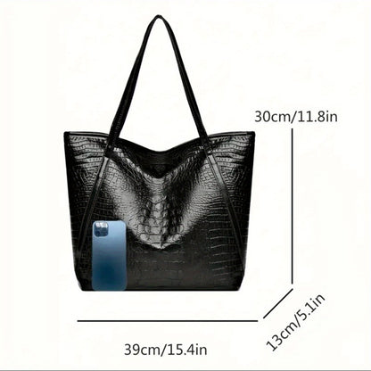 Stylish Black Crocodile-Print Women's Handbag - Large Capacity Scratch-Resistant Tote with Zipper Closure, Fixed Shoulder Strap & Cosmetic Pouch for Shopping, Commuting, Parties