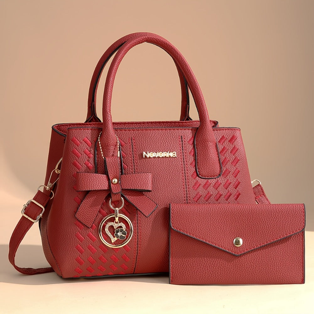 2pcs Women's Bags (one Handbag+one Wallet) Set, Neutral Large Capacity Handbag, Zipper Closure, Polyester Lining, Painted Edges, Detachable Strap, Solid Color, No Pattern, with Handbag, Perfect Gift for Mother's Day And Friends