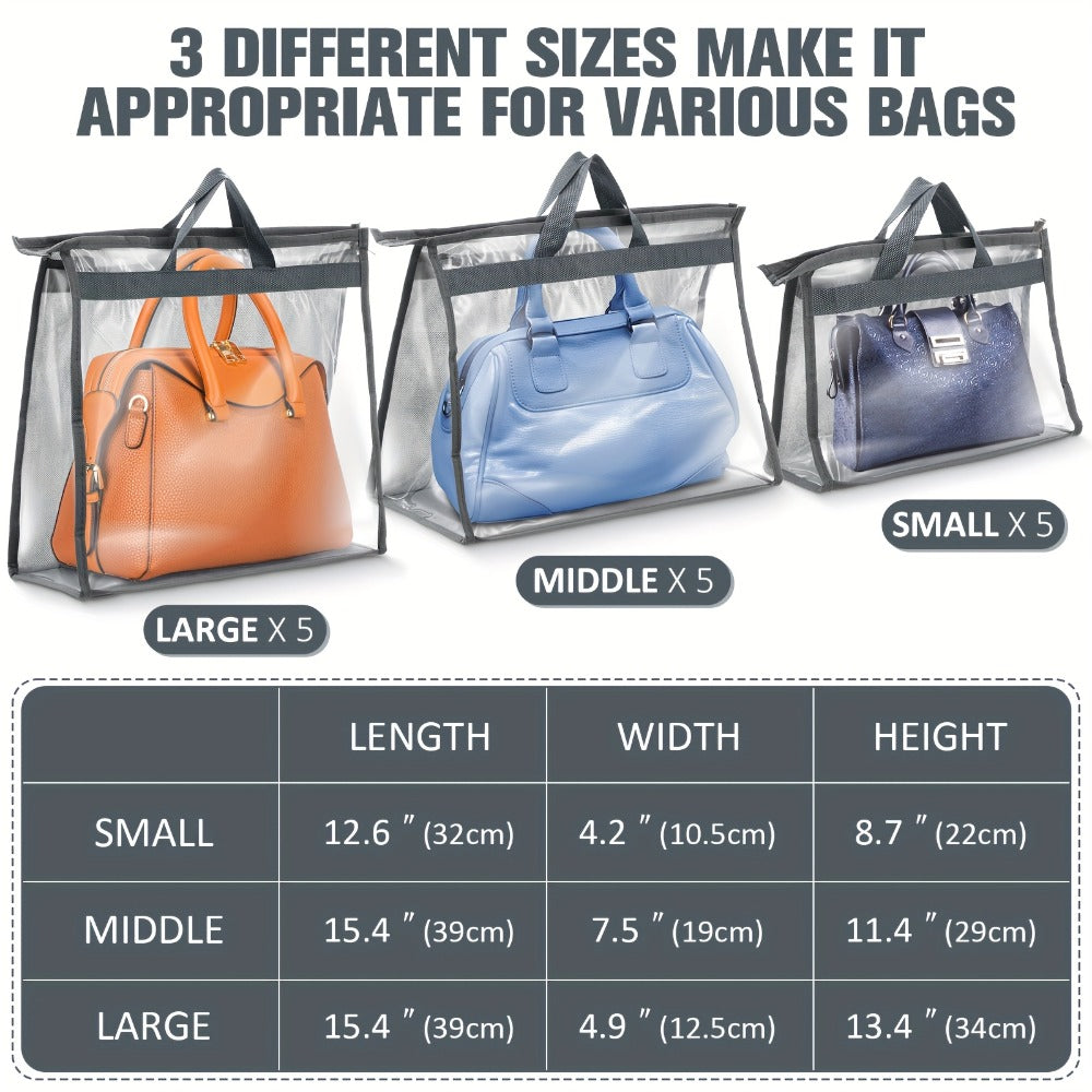 15pcs Dust Cover Organizer Bags For Handbags, 3 Sizes Clear Handbag Storage Bag Purse Storage With Zipper And Handles Dust Bags For Purses Handbags Closet