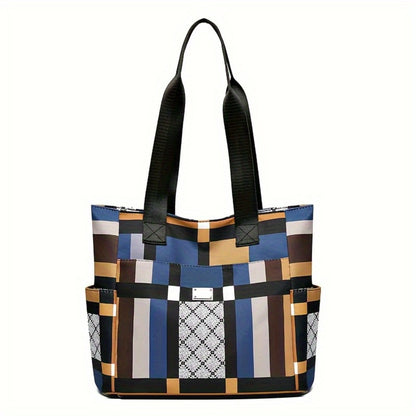 A Geometric Design Tote Bag Made of Lightweight Nylon with a Zipper, It Is Foldable And Versatile, Offering Ample Space for School, Work, Or Travel
