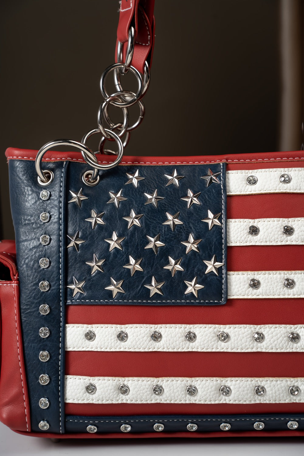 American Flag USA Stars And Stripes Patriotic Faux Leather Purse Women Rhinestone Country Handbag Wallet Set Red White And Blue