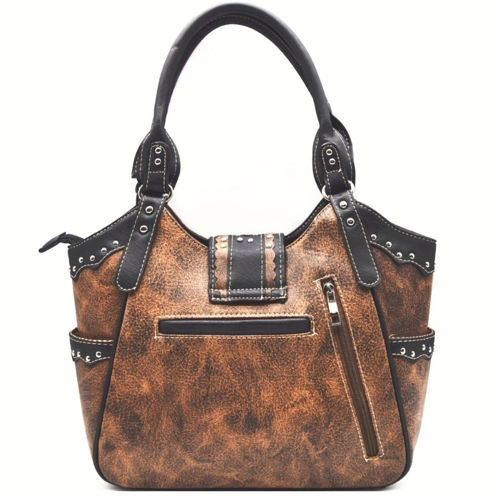 Women' Western Cowgirl Rhinestone & Concho Studded Handbag and Wallet Set - Brown Purse with Zipper Closure, Suitable for Country, Ranch, Daily Use, Gift for Horse /Equestrian Events