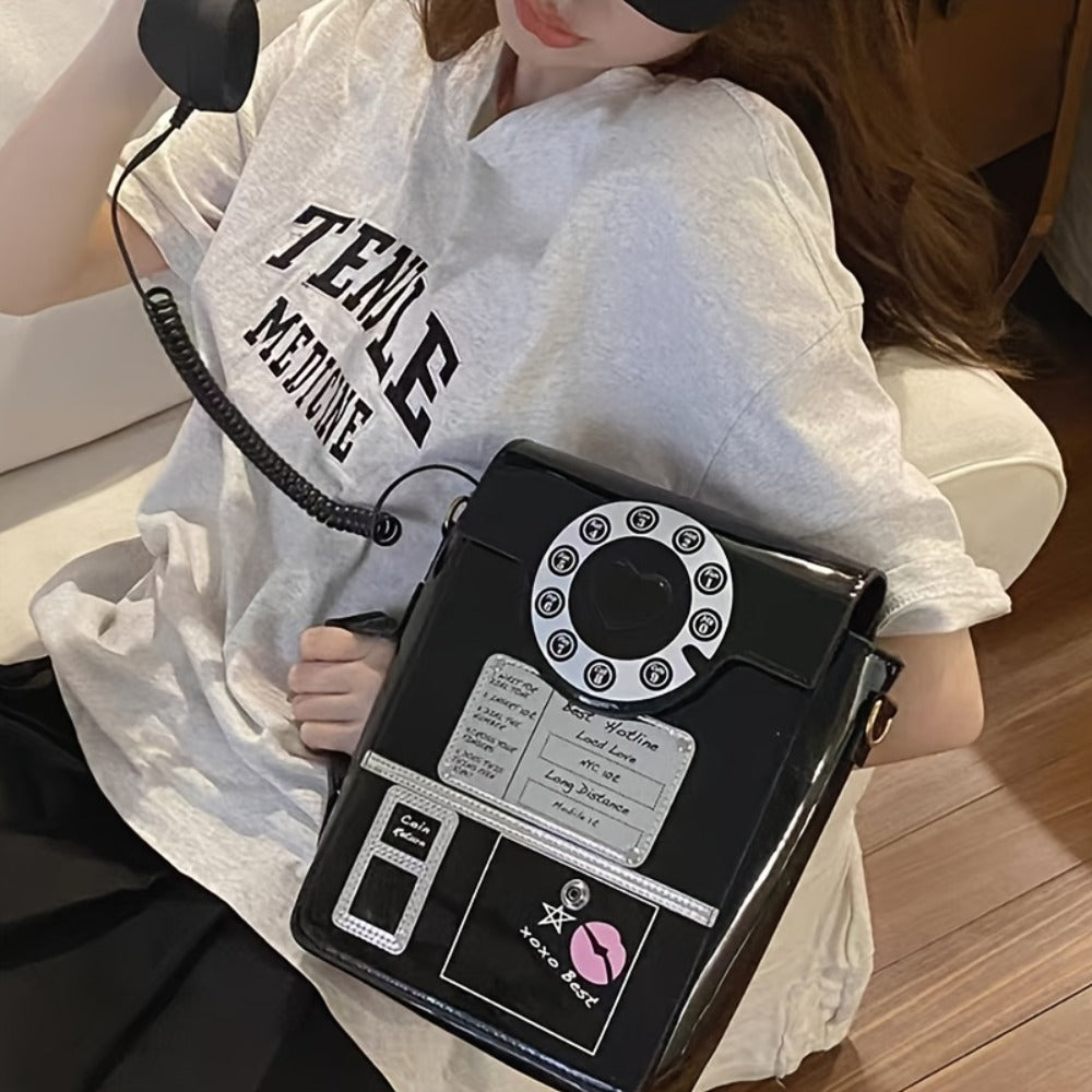 Creative And Stylish PU Glossy Chic Retro Telephone-Shaped Cross Body Bag For Women - Fashionable Simulated Body Bag, Irregular Bag, Shoulder Purse, Comb Bag, Available In Black, Red, Pink. A Perfect Birthday Gift For Your Best Friend Or Family