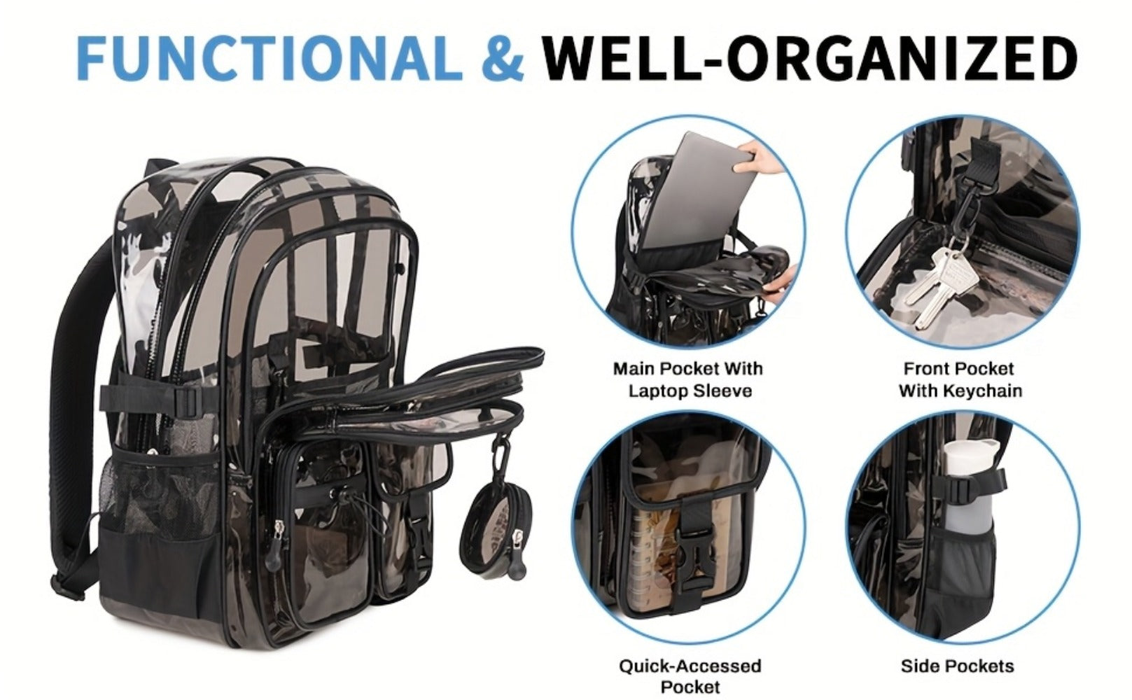 Backpack for Women – Clear, Large Capacity, Transparent, for Travel & School – detail view 14