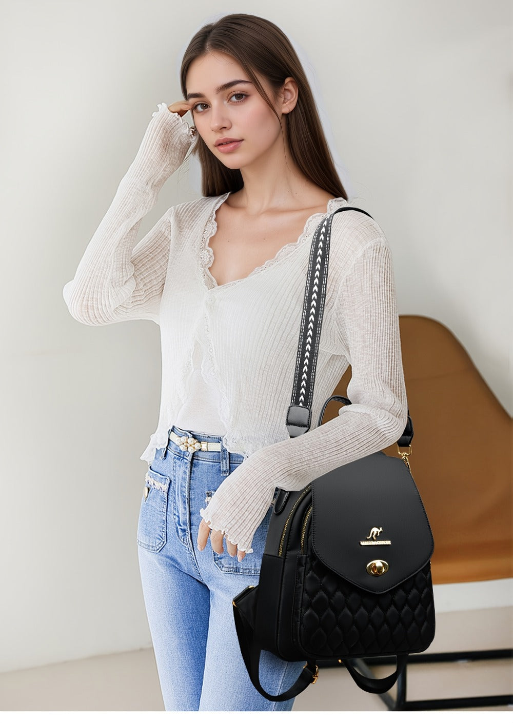 Backpack for Women – for Travel & Work, Fashion Stripe Texture Pattern Golden – detail view 35