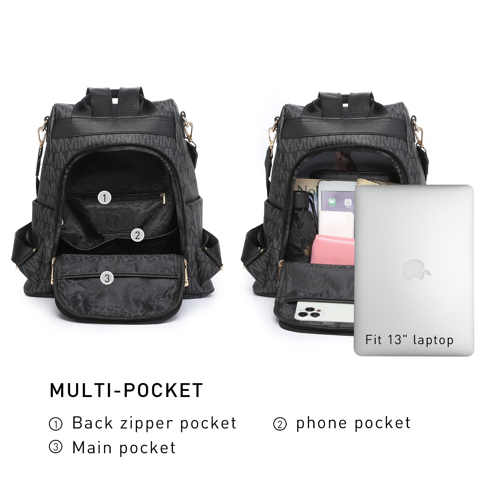 Backpack for Women – Vegan Leather, Anti-Theft, Convertible, Multi-Pocket – detail view 33