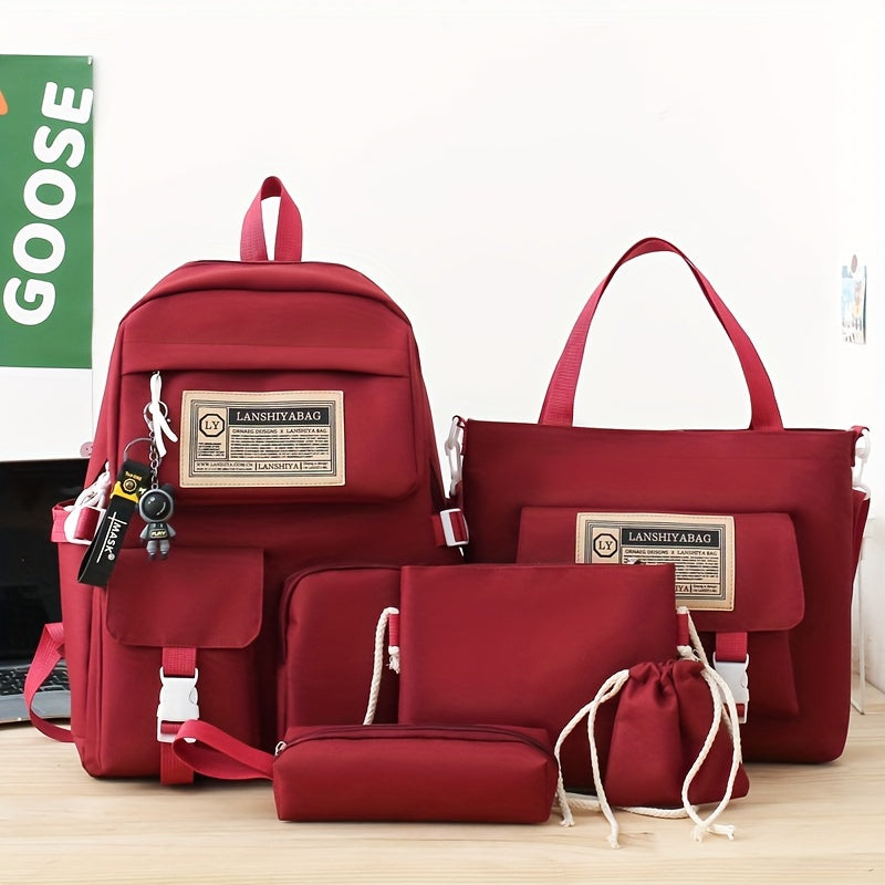 5pcs Solid Color Backpack Set, Large Capacity Double-ShoulderBag, Simple Tote, Pencil Bag, Casual Crossbody, Lightweight Student Shoulder Bag.
