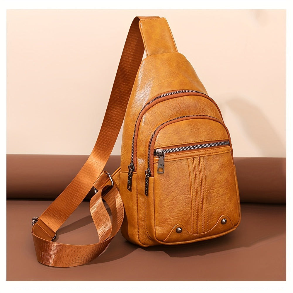 Men'S Chest Bag Sling Backpack Faux Leather Retro Crossbody Bag Shoulder Bag Unisex Soft Faux Leather