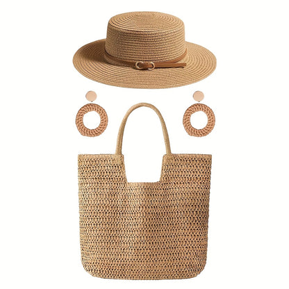 [Beach Fashion Set] 3pcs Women's Beach Fashion Set, Including Sun Hat, Beach Hat, Beach Bag, Handbag and Earrings, Suitable for Outdoor Beach Travel Scenarios