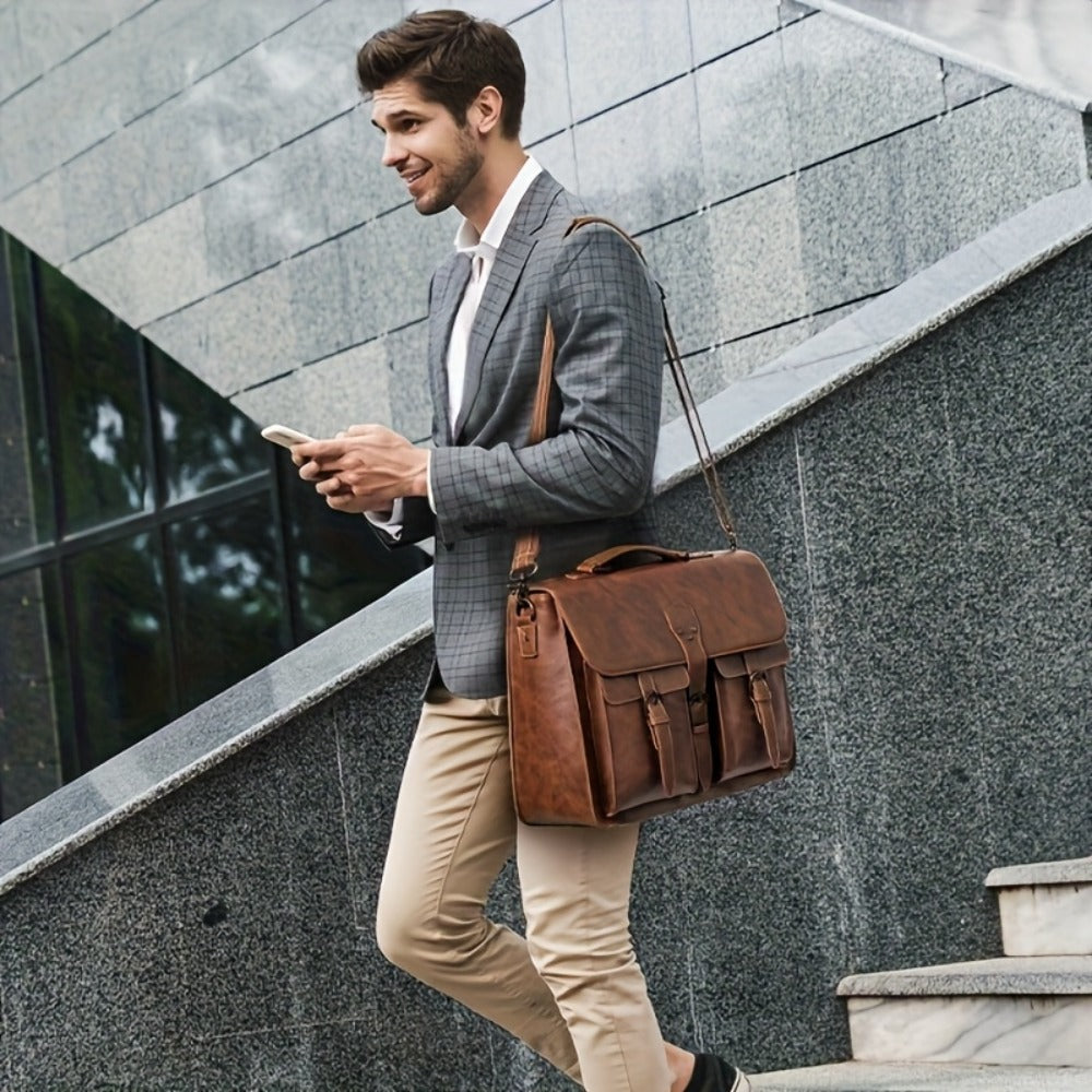 RAINSMORE Men's Crossbody Bag 15.6-Inch Vintage Laptop Briefcase Large Laptop Bag Handbag Computer Shoulder Bag for Office Business Travel College, Brown