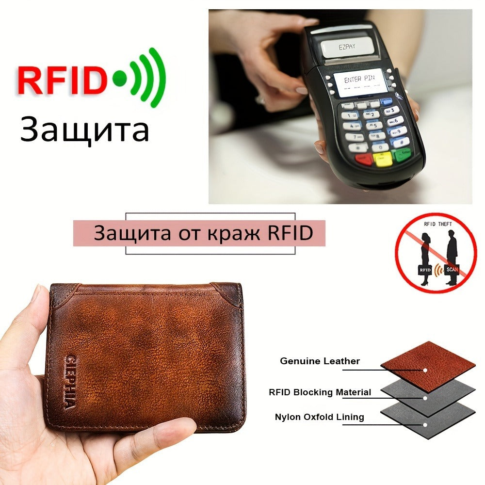 RFID Blocking Bifold Genuine Leather Wallets for Men with Zipper Coin Pouch, Top Layer Cowhide Vintage Multi Function Card Holder Wallet with 2 ID Windows