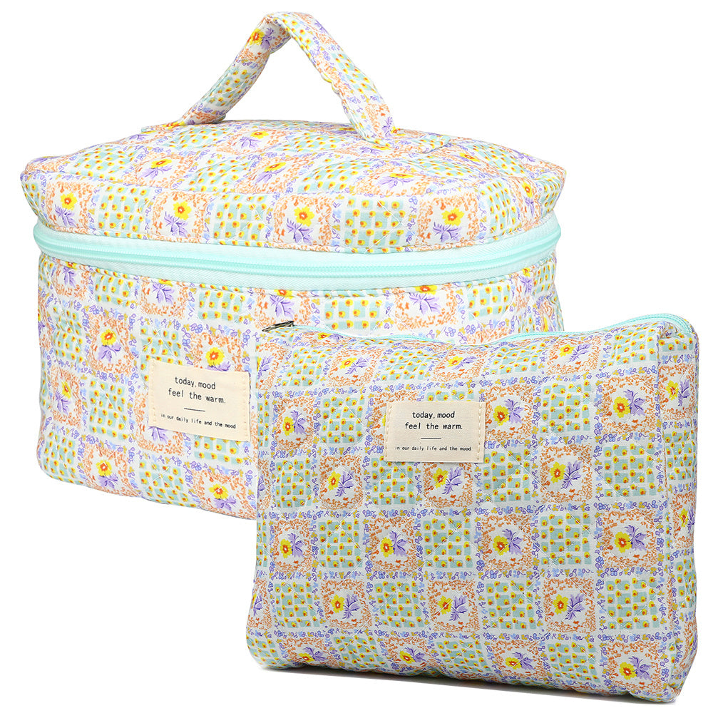 2 Pcs Cute Makeup Bag for Women, Travel Cosmetic Bags, Quilted Coquette Aesthetic Floral Toiletry Organizer Bag