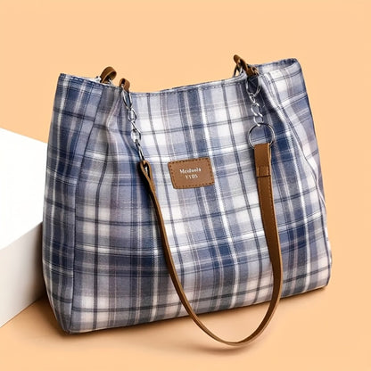 Stylish Plaid Tote Bag, Spacious Shoulder Bag, Simple Commuter And School Tote Bag