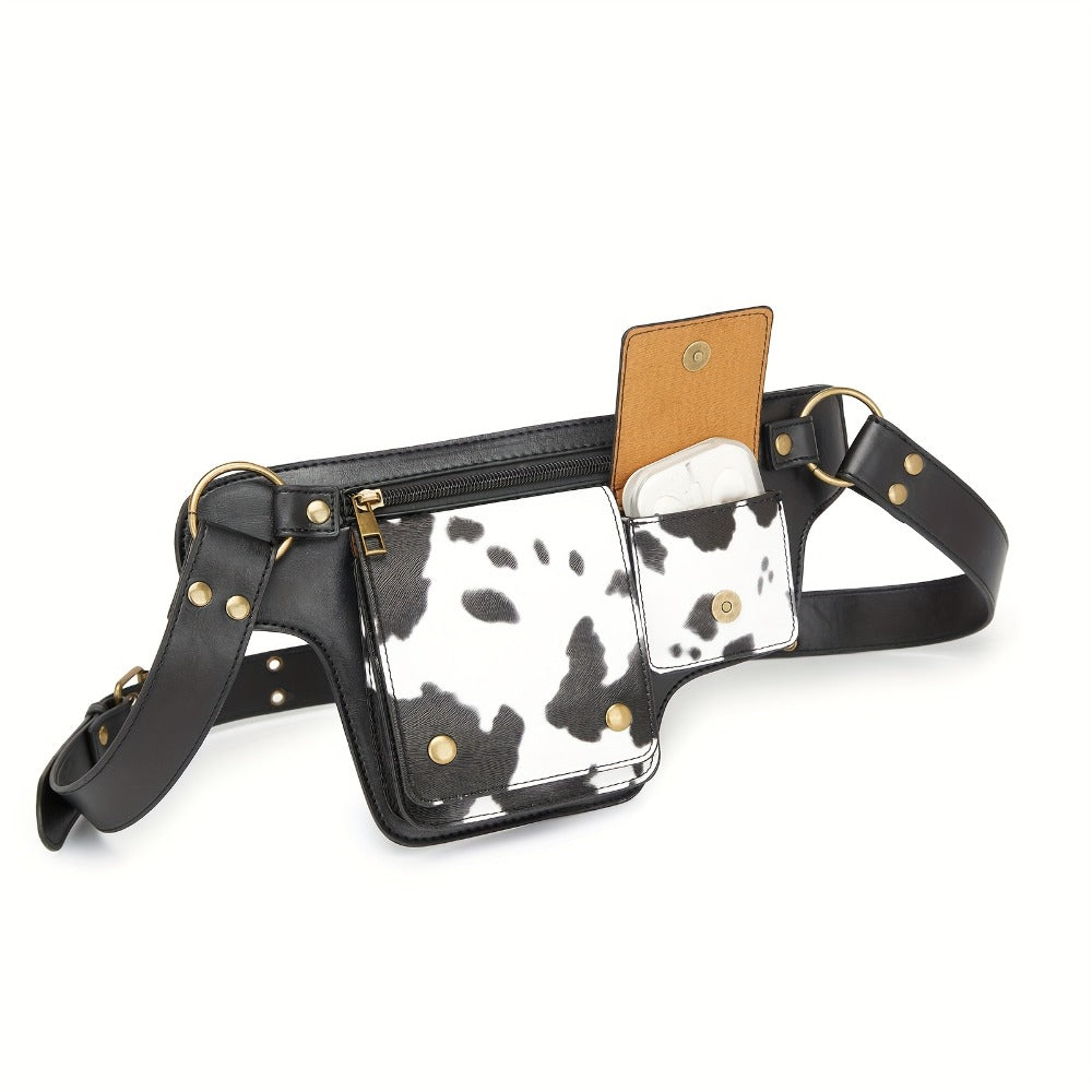 Multi Functional Practical Cow Pattern Waist Bag, Printed Waist Bag, Fashionable Collision, Metal Accessory Texture, Multi Pocket Practical And Multifunctional Design Handmade Waist Bag, Adjustable Chest Bag with Multiple Buckles