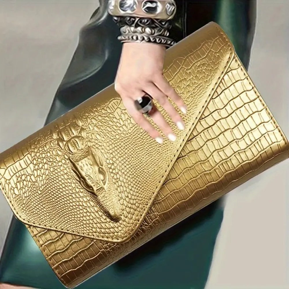Stylish Golden Envelope Clutch Bag with Magnetic Closure, Spacious Design, Embossed Pattern, Trendy Shoulder Chain Crossbody Purse for Women