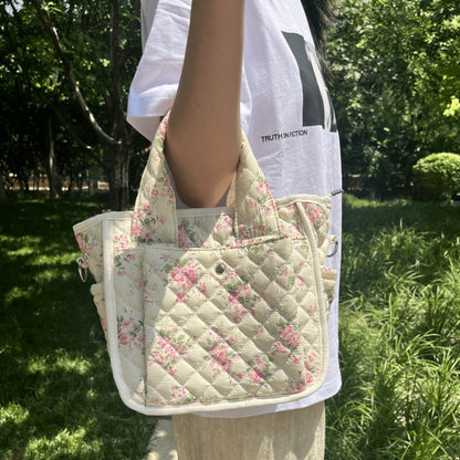 Floral Quilted Tote Bag for Women, Cute Crossbody Shoulder Purse with Pockets, Everyday Handbags