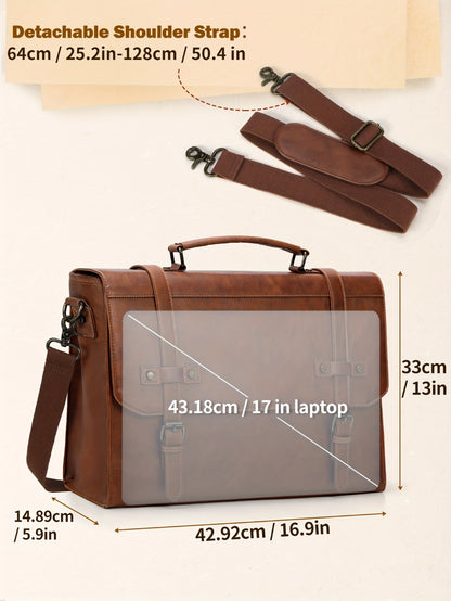 RAINSMORE Men's Crossbody Bag 17 Inch Retro Laptop Briefcase Large Laptop Bag Handbag Computer Shoulder Bag Office Business Travel College, Brown
