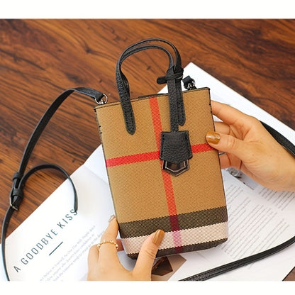 Vintage Mini Women'S Slant Back Mobile Phone Pouch, Lightweight Plaid Handheld Shoulder Crossbody Purse, Stylish Plaid Design for Phone And Keys