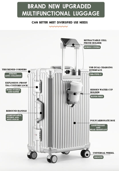 Multifunctional Aluminum Alloy Frame Suitcase, ABS+PC Material Suitcase, Scratch-resistant And Wear-resistant. Foldable Cup Holder And Side Stand Foot Hook, TSA Customs Password Lock. Universal Wheel, Internal Compartment And Compression Belt Design