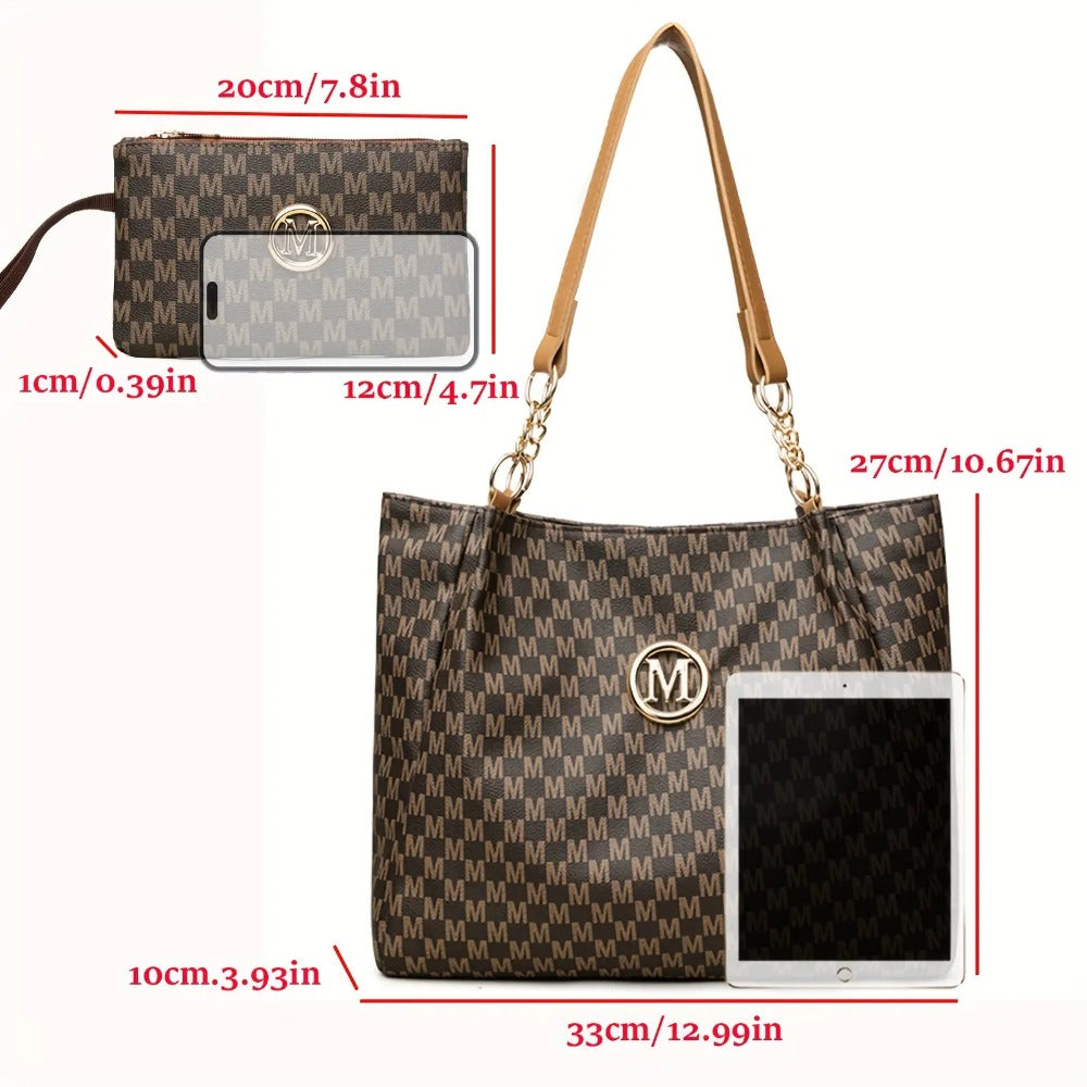 Two-Piece Set Large Capacity Shoulder Bag, Suitable for Elegant Urban Women, Lotus Pattern M Print, Fashionable M-Shaped Hardware Buckle Design, Lightweight Fixed Shoulder Strap, Suitable for Multiple Occasions - Perfect Gift