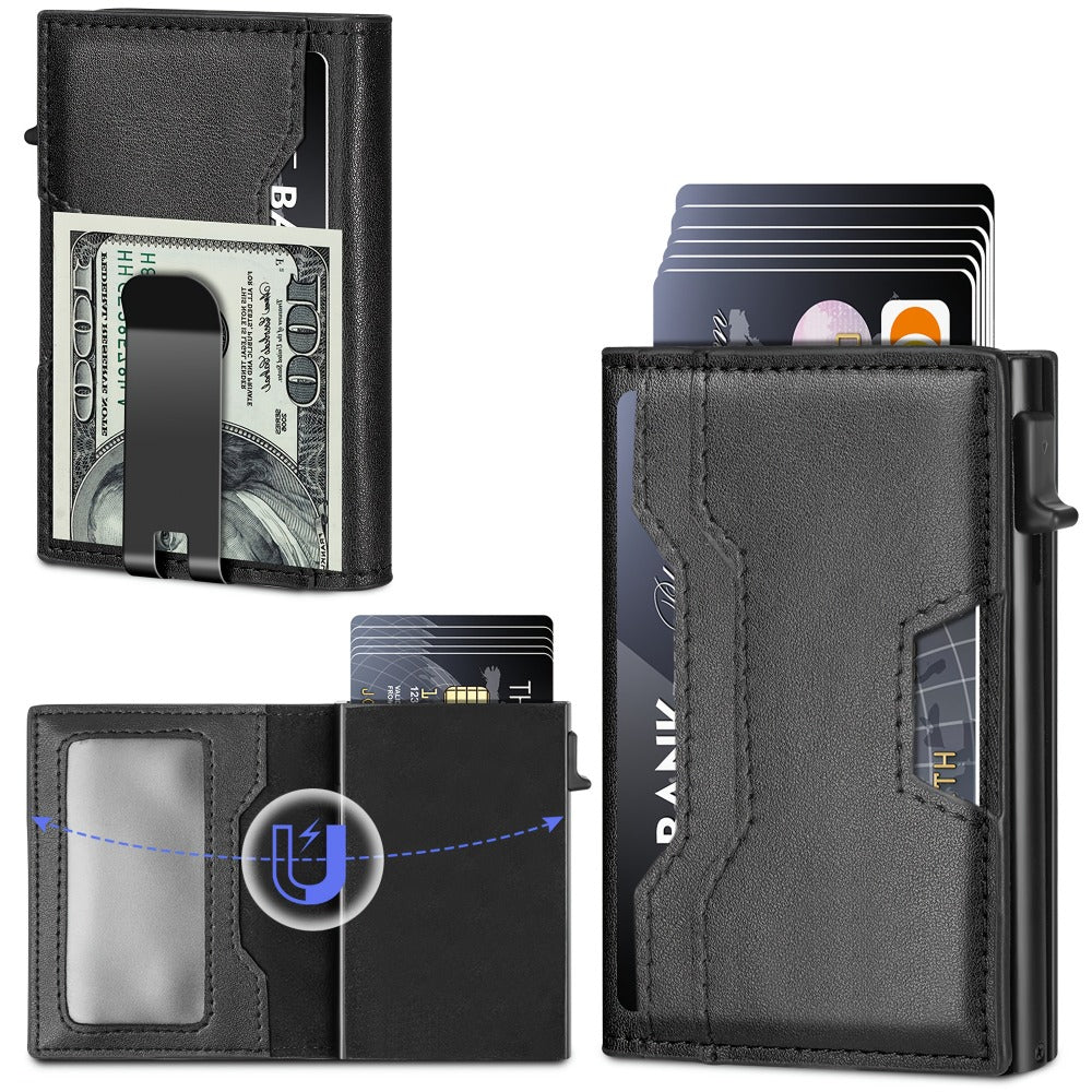 Wallet for Men, Mens Wallet Minimalist Slim Wallet, RFID Blocking Smart Pop Up Wallet with Money Clip & ID Window, Metal Compact Wallet, Aluminum Credit Card Holder Slim Leather Wallet Best Gift