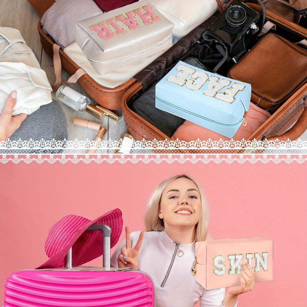 3pcs 3pcs Preppy High Quality Synthetic Leather Makeup Bag Suitable for Women - Chenille Cosmetic Organizer with Cute Zipper, Soft Toiletry Pouch for Travel,, Daily Use