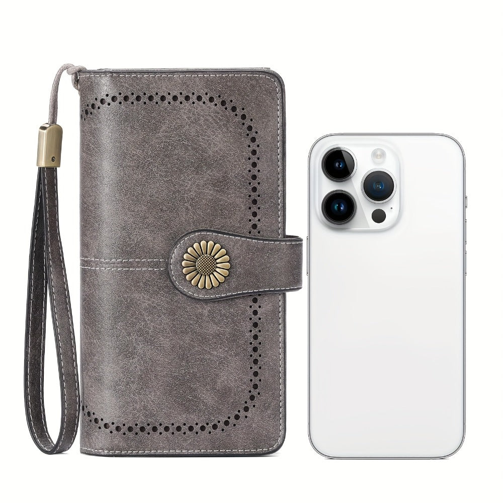 Wallets for Women RFID Blocking, Long Genuine Leather Wallet with 24 Card Slots & Phone Pocket, Large Capacity Zipper Wristlet, Gift Box for Daily Use, Sunflower Print